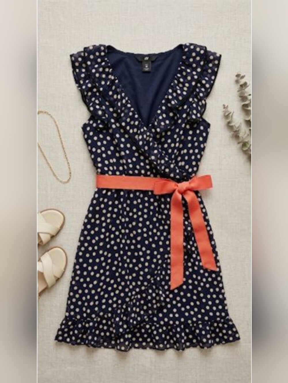 EUC H&M Navy Polka Dot Faux Wrap Deep V-Neck Short Dress, Size 6